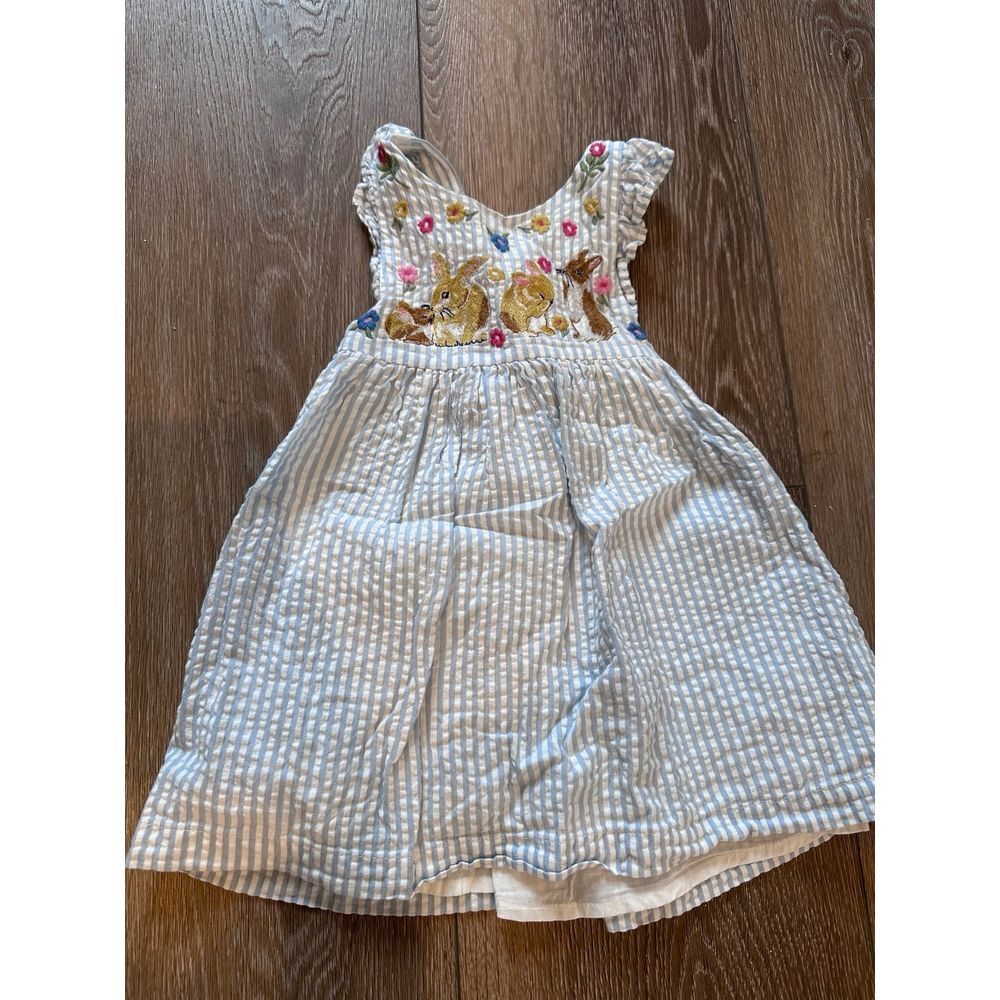 Baby Boden seersucker blue‎ bunny pinafore ruffle dress Easter